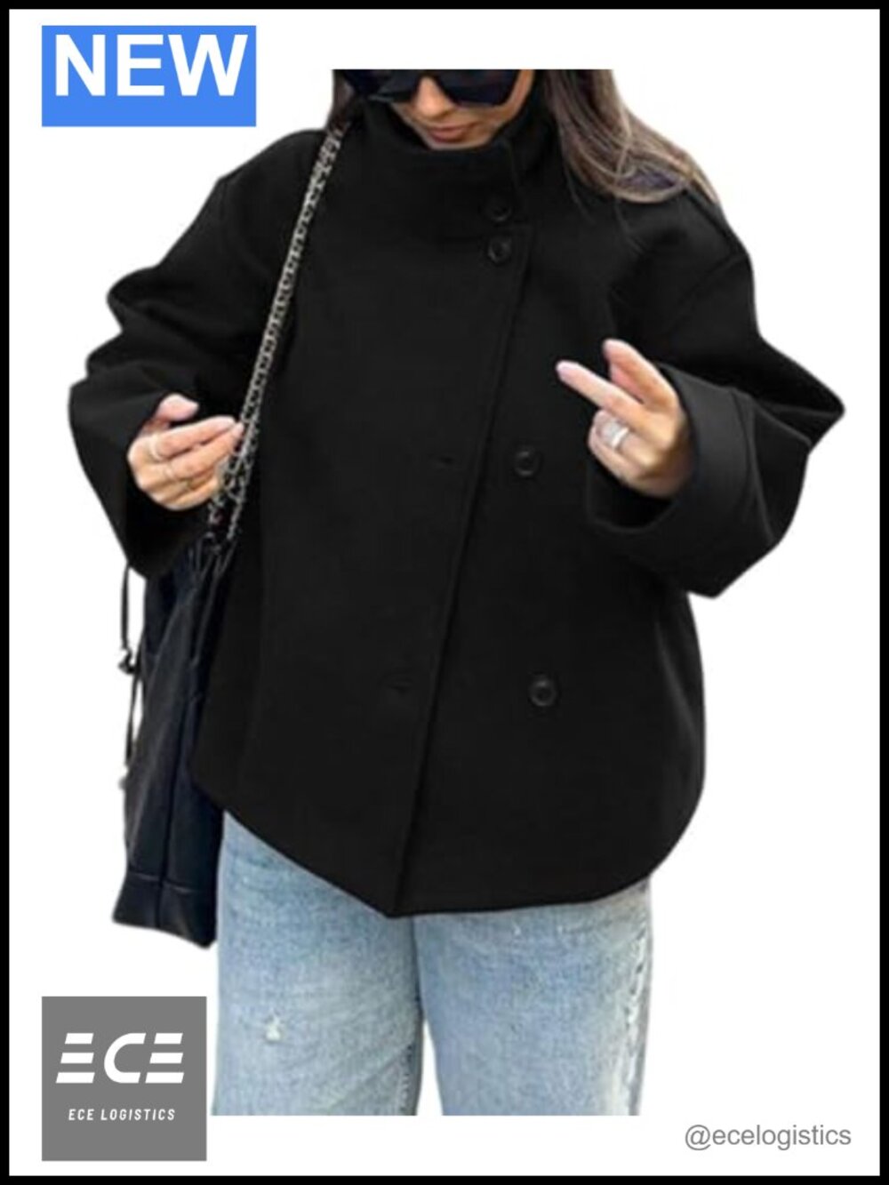 Wool Blend Crop Pea Coat Stand Lapel Loose Fit Winter Jacket